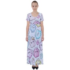 Cute Doodle Cartoon Seamless Pattern High Waist Short Sleeve Maxi Dress