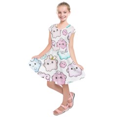 Cute Doodle Cartoon Seamless Pattern Kids  Short Sleeve Dress