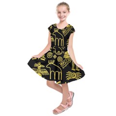 Golden Indian Traditional Signs Symbols Kids  Short Sleeve Dress