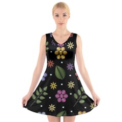 Embroidery Seamless Pattern With Flowers V-neck Sleeveless Dress