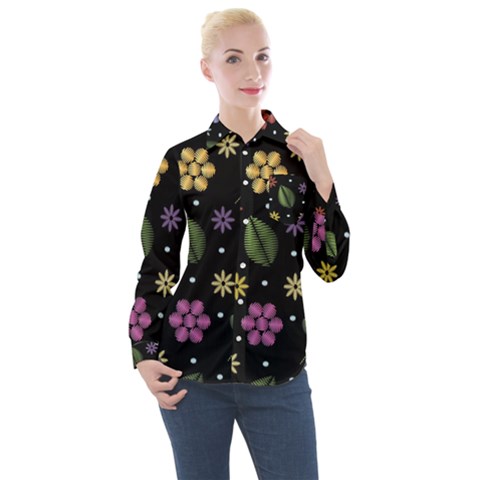 Embroidery Seamless Pattern With Flowers Women s Long Sleeve Pocket Shirt by Vaneshart