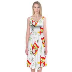 Seamless Pattern Vector Owl Cartoon With Bugs Midi Sleeveless Dress by Vaneshart