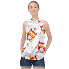Seamless Pattern Vector Owl Cartoon With Bugs High Neck Satin Top by Vaneshart
