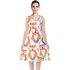 Cute Colorful Owl Cartoon Seamless Pattern V-neck Midi Sleeveless Dress 