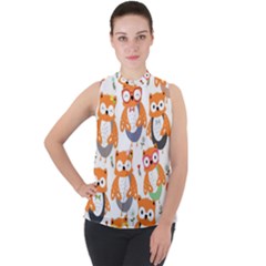 Cute Colorful Owl Cartoon Seamless Pattern Mock Neck Chiffon Sleeveless Top by Vaneshart