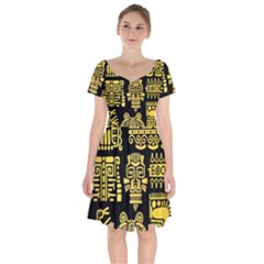 American Golden Ancient Totems Short Sleeve Bardot Dress by Vaneshart