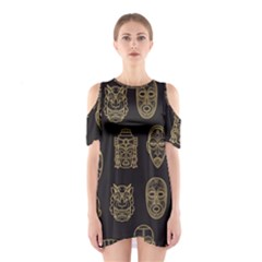 Indian Aztec African Historic Tribal Mask Seamless Pattern Shoulder Cutout One Piece Dress