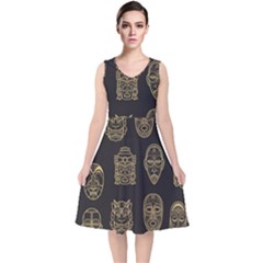 Indian Aztec African Historic Tribal Mask Seamless Pattern V-Neck Midi Sleeveless Dress 