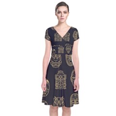 Indian Aztec African Historic Tribal Mask Seamless Pattern Short Sleeve Front Wrap Dress