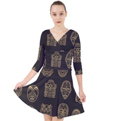 Indian Aztec African Historic Tribal Mask Seamless Pattern Quarter Sleeve Front Wrap Dress