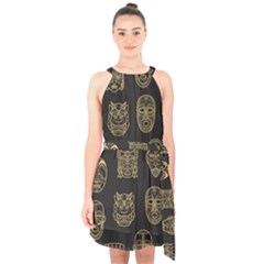 Indian Aztec African Historic Tribal Mask Seamless Pattern Halter Collar Waist Tie Chiffon Dress