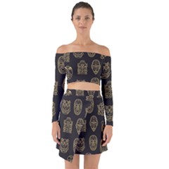 Indian Aztec African Historic Tribal Mask Seamless Pattern Off Shoulder Top with Skirt Set