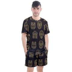 Indian Aztec African Historic Tribal Mask Seamless Pattern Men s Mesh Tee and Shorts Set