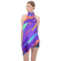 Multicolored Abstract Background Halter Asymmetric Satin Top