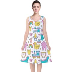 Baby Care Stuff Clothes Toys Cartoon Seamless Pattern V-neck Midi Sleeveless Dress  by Vaneshart