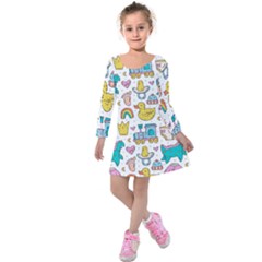 Baby Care Stuff Clothes Toys Cartoon Seamless Pattern Kids  Long Sleeve Velvet Dress by Vaneshart