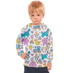 Baby Care Stuff Clothes Toys Cartoon Seamless Pattern Kids  Hooded Pullover by Vaneshart