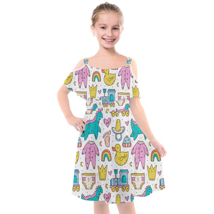 Baby Care Stuff Clothes Toys Cartoon Seamless Pattern Kids  Cut Out Shoulders Chiffon Dress