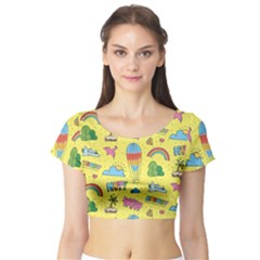 Travel Pattern Short Sleeve Crop Top by Vaneshart