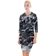 Black And White Abstract Textured Print Quarter Sleeve Hood Bodycon Dress