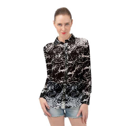 Black And White Abstract Textured Print Long Sleeve Chiffon Shirt by dflcprintsclothing