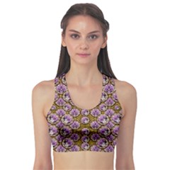 Gold Plates With Magic Flowers Raining Down Sports Bra by pepitasart