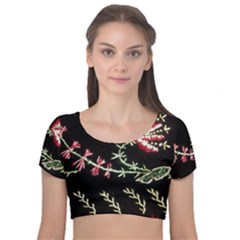 Peace Flower Velvet Short Sleeve Crop Top 