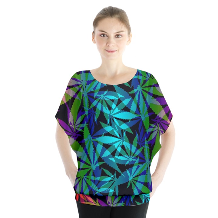420 ganja pattern, weed leafs, marihujana in colors Batwing Chiffon Blouse