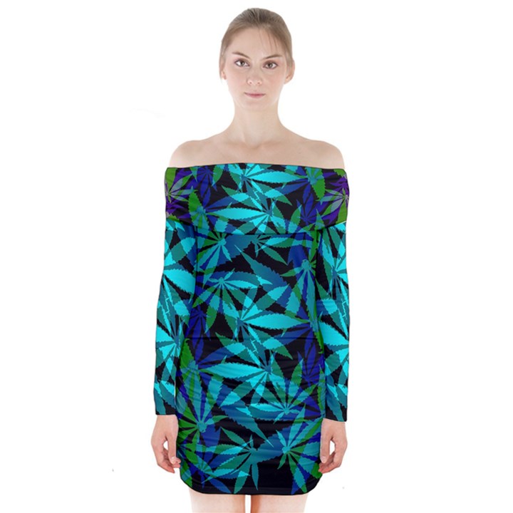 420 ganja pattern, weed leafs, marihujana in colors Long Sleeve Off Shoulder Dress
