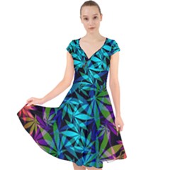 420 Ganja Pattern, Weed Leafs, Marihujana In Colors Cap Sleeve Front Wrap Midi Dress by Casemiro