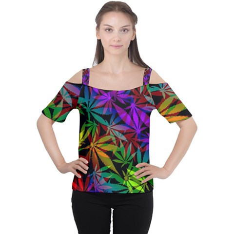 Ganja In Rainbow Colors, Weed Pattern, Marihujana Theme Cutout Shoulder Tee by Casemiro