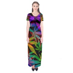 Ganja In Rainbow Colors, Weed Pattern, Marihujana Theme Short Sleeve Maxi Dress by Casemiro