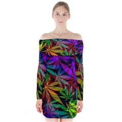 Ganja In Rainbow Colors, Weed Pattern, Marihujana Theme Long Sleeve Off Shoulder Dress by Casemiro