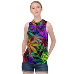 Ganja in rainbow colors, weed pattern, marihujana theme High Neck Satin Top