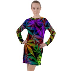 Ganja In Rainbow Colors, Weed Pattern, Marihujana Theme Long Sleeve Hoodie Dress