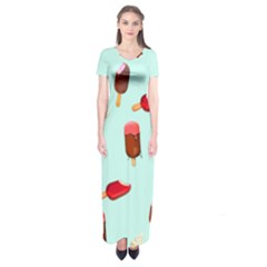 Ice Cream Pattern, Light Blue Background Short Sleeve Maxi Dress