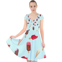 Ice Cream Pattern, Light Blue Background Cap Sleeve Front Wrap Midi Dress by Casemiro