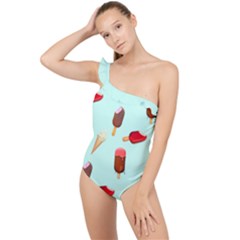 Ice Cream Pattern, Light Blue Background Frilly One Shoulder Swimsuit by Casemiro