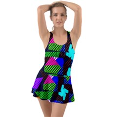 Trippy Blocks, Dotted Geometric Pattern Ruffle Top Dress Swimsuit by Casemiro