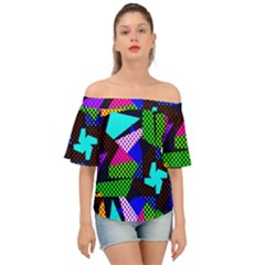 Trippy Blocks, Dotted Geometric Pattern Off Shoulder Short Sleeve Top