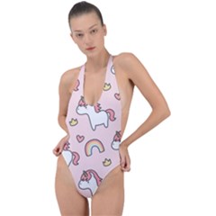 Cute Unicorn Rainbow Seamless Pattern Background Backless Halter One Piece Swimsuit by Vaneshart