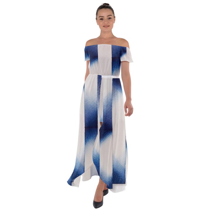 Blue Strips Off Shoulder Open Front Chiffon Dress