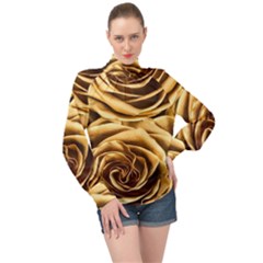 Gold Roses High Neck Long Sleeve Chiffon Top