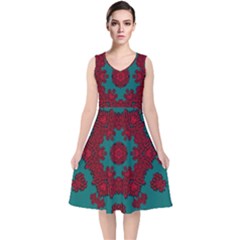 Cherry-blossom Mandala Of Sakura Branches V-neck Midi Sleeveless Dress  by pepitasart