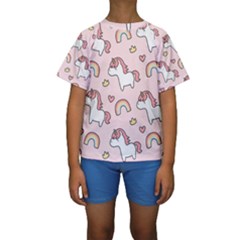 Cute-unicorn-rainbow-seamless-pattern-background Kids  Short Sleeve Swimwear