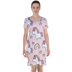 Cute-unicorn-rainbow-seamless-pattern-background Short Sleeve Nightdress