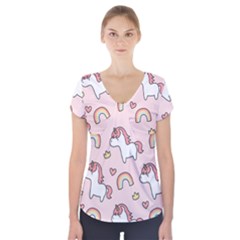 Cute-unicorn-rainbow-seamless-pattern-background Short Sleeve Front Detail Top