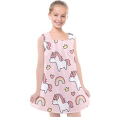 Cute-unicorn-rainbow-seamless-pattern-background Kids  Cross Back Dress by Vaneshart