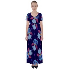 Owl-pattern-background High Waist Short Sleeve Maxi Dress