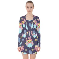 Owl Stars Pattern Background V-neck Bodycon Long Sleeve Dress